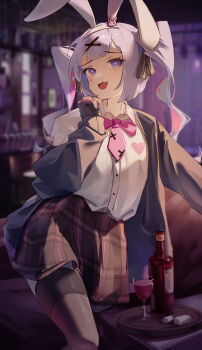  1girl absurdres animal_ears cardigan checkered_clothes checkered_skirt commentary_request drink facial_mark fake_animal_ears glass hatsune_miku heart heart-shaped_pupils highres necktie open_cardigan open_clothes rabbit_hole_(vocaloid) shirt skirt symbol-shaped_pupils teardrop_facial_mark thighhighs twintails vocaloid white_shirt zettai_ryouiki zh1k_yy 