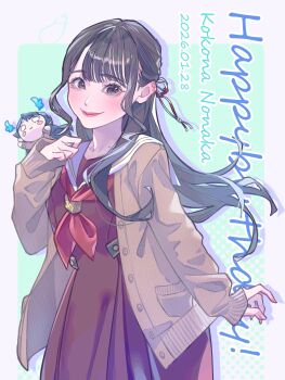  1girl absurdres birthday brown_cardigan brown_eyes brown_hair cardigan character_name commentary dated english_text half_updo happy_birthday hasu_no_sora_school_uniform highres kirisaki_nuko link!_like!_love_live! long_hair looking_at_viewer love_live! mole mole_on_neck murano_sayaka nesoberi nonaka_kokona real_life school_uniform sidelocks solo voice_actor voice_actor_connection 