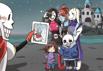  2girls 3boys :d androgynous animal_ears animification big_cat_shan black_hair blue_eyes blush brown_hair castle eyepatch fangs fins frisk_(undertale) furry goat_ears grin head_fins heart horns mettaton mettaton_ex monster_girl multiple_boys multiple_girls open_mouth papyrus_(undertale) parody ponytail sans_(undertale) selfie selfie_prank shirt shorts smile striped_clothes striped_sweater sweater tablet_pc taking_picture toriel undertale undyne utdr_(toby_fox) v yellow_eyes you're_doing_it_wrong  rating:Sensitive score:62 user:danbooru