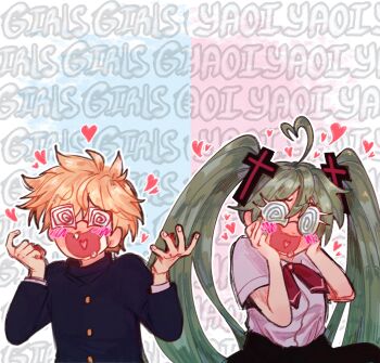  1boy 1girl @_@ ahoge blonde_hair blush coke-bottle_glasses collared_shirt confessions_of_a_rotten_girl_(vocaloid) cross_hair_ornament fujoshi gakuran glasses green_hair hair_ornament hatsune_miku heart highres himedanshi kagamine_len long_hair m4ycrowave open_mouth plaid_clothes plaid_skirt plus_danshi_(vocaloid) school_uniform shirt short_hair short_sleeves skirt smile solo songover tissue_in_nose twintails white_background white_shirt 
