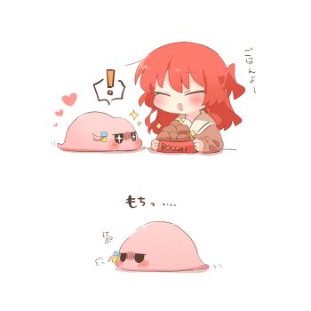  ! +_+ 1girl blush bocchi_the_rock! bowl brown_shirt chibi chibi_only closed_eyes commentary_request food gotoh_hitori gotoh_hitori_(tsuchinoko) heart kita_ikuyo long_hair long_sleeves open_mouth pet_bowl rebecca_(keinelove) red_hair shirt smile spoken_exclamation_mark translation_request white_background 