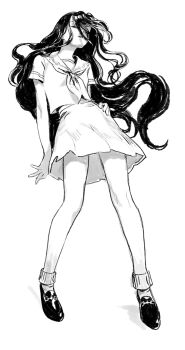 1girl closed_eyes commentary diamond_wa_kudakenai english_commentary floating_hair full_body greyscale hair_over_eyes jojo_no_kimyou_na_bouken jojo_pose long_hair monochrome neckerchief parted_lips pumpkinspicelatte school_uniform serafuku shoes short_sleeves simple_background skirt socks solo standing very_long_hair white_background yamagishi_yukako rating:Sensitive score:54 user:danbooru