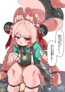  1boy 1girl ahoge animal_ear_fluff animal_ear_piercing animal_ears animal_feet anklet ass black_dress black_panties blush braid braided_twintails bright_pupils commentary_request dated dress furry furry_female green_shirt grey_hair hair_ornament highres index_finger_raised jewelry loli long_hair looking_to_the_side motion_lines open_mouth panties pinafore_dress pink_fur pink_hair rabbit_ears rabbit_girl rabbit_tail red_eyes screw shirt short_eyebrows short_hair sitting sitting_on_face sitting_on_person sleeveless sleeveless_dress speech_bubble sphere_hair_ornament steam steaming_body sweat tail thick_eyebrows translation_request underwear white_pupils wise_(soaring_crane)_(zenless_zone_zero) wise_(zenless_zone_zero) ygdm zenless_zone_zero zhao_(zenless_zone_zero) 