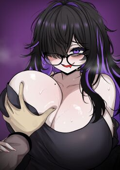  1boy 1girl absurdres black_dress black_hair breasts commentary dress drooling female_pervert glasses goddess_of_victory:_nikke grabbing_another's_breast groping guided_breast_grab guiding_hand highres huge_breasts label_(nikke) long_hair looking_at_viewer messy_hair mole mole_on_breast mouth_drool multicolored_hair pervert purple_background purple_eyes purple_hair the_only_shoe two-tone_hair very_long_hair 