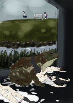 1boy 3girls ass bestiality black_hair blush breasts brown_hair bulge clothing_aside cum cum_in_pussy frog giant giant_monster japanese_text lying medium_breasts medium_hair multiple_girls open_mouth original outdoors panties pink_panties school_uniform sex sex_from_behind speech_bubble tekeno twintails underwear vaginal