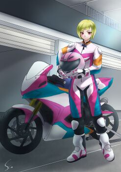  1girl biker_clothes bikesuit blonde_hair bodysuit boots commentary_request expressionless futakanesano garage gloves helmet highres holding holding_unworn_helmet knee_pads looking_at_viewer motor_vehicle motorcycle motorcycle_helmet original road short_hair shoulder_pads signature solo standing unworn_headwear unworn_helmet zipper 