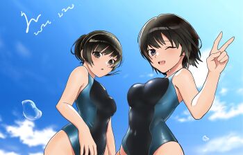  amagami black_eyes black_hair black_one-piece_swimsuit blue_one-piece_swimsuit blush breasts commentary_request competition_swimsuit day grey_eyes hand_up highres hime_(je_ar1103) looking_at_viewer medium_breasts nanasaki_ai one-piece_swimsuit one_eye_closed open_mouth ponytail short_hair signature sky swimsuit tsukahara_hibiki two-tone_one-piece_swimsuit two-tone_swimsuit v water_drop wet 