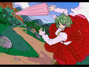  1girl blue_sky boots brown_boots brown_flower closed_mouth closed_umbrella cloud collared_shirt day field flower flower_field full_body garden_of_the_sun grass green_hair holding holding_umbrella kazami_yuuka letterboxed long_sleeves looking_at_viewer mori_shin_risuku open_clothes open_vest outdoors path pink_umbrella plaid_clothes plaid_skirt plaid_vest red_eyes red_skirt red_vest road rock running shirt short_hair skirt skirt_set sky smile solo sunflower touhou umbrella vest white_shirt 