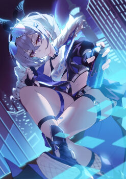  1girl absurdres building city city_lights cityscape closed_mouth commentary_request crossed_bangs drill_hair drill_ponytail eyewear_on_head fishnet_socks fishnets fur-trimmed_jacket fur_trim gradient-tinted_eyewear highres holding holding_spray_can honkai:_star_rail honkai_(series) jacket naegi_(naegifutaba) navel night purple-tinted_eyewear purple_eyes shirt silver_wolf_(honkai:_star_rail) single-shoulder_shirt single_drill sky skyscraper smile socks solo spray_can tinted_eyewear 