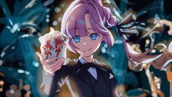  1girl acrylic_stand_(object) aerial_fireworks anyoji_hime black_bow black_bowtie black_jacket black_ribbon black_vest blonde_hair blue_eyes blurry bokeh bow bowtie collared_shirt commentary_request depth_of_field do!_do!_do!_(love_live!) dress_shirt fireworks floating_hair fujishima_megumi gradient_hair hair_ribbon highres holding jacket leonardo_dicaprio link!_like!_love_live! looking_at_viewer love_live! megururi_acrylic_stand multi-tied_hair multicolored_hair night osawa_rurino parody pink_hair ponytail raised_eyebrow ribbon shirt solo split_mouth suit_jacket sunkeun the_great_gatsby traditional_bowtie tuxedo vest virtual_youtuber white_shirt 