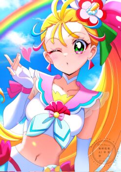  1girl black_ribbon blonde_hair blowing_kiss blue_hair blue_neckerchief blue_sky bow brooch choker cloud cloudy_sky commentary crop_top cure_summer day dutch_angle earrings elbow_gloves fingerless_gloves flower glove_ribbon gloves gradient_hair green_eyes hair_flower hair_ornament hair_pulled_back hair_ribbon heart hibiscus highres jewelry long_hair looking_at_viewer magical_girl midriff momotarouooi multicolored_eyes multicolored_hair natsuumi_manatsu navel neckerchief open_mouth outdoors pact_holder parted_lips pink_eyes pink_hair pink_ribbon pink_sailor_collar precure rainbow ribbon sailor_collar shell_brooch skirt skirt_bow sky solo tropical-rouge!_precure very_long_hair white_choker white_gloves white_ribbon white_skirt 