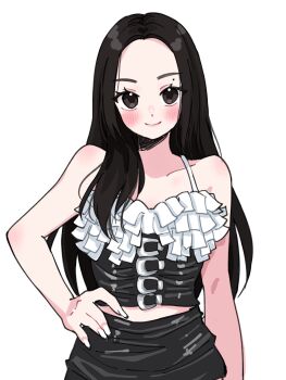  1girl black_hair black_skirt blackpink blush brown_eyes closed_mouth commentary eyelashes fake_nails hand_on_own_hip highres jennie_(blackpink) long_hair mole samarundao simple_background skirt smile solo spaghetti_strap untranslatable_commentary upper_body white_background 