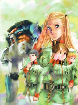  1990s_(style) 1boy 3girls asuna_elmarit character_request earth_federation ecole_du_ciel erisia_nocton gundam highres machinery mecha mikimoto_haruhiko military_uniform mobile_suit multiple_girls official_art painting_(medium) promotional_art realistic retro_artstyle robot salute scan science_fiction traditional_media 