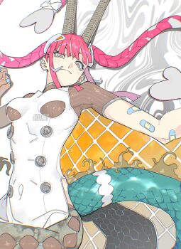  1girl absurdres bandaid bandaid_on_arm blush breasts chinese_clothes chromatic_aberration clothing_cutout commentary_request dragon_girl dragon_horns dragon_tail earclip eastern_dragon_tail electric_plug grey_eyes hair_bun hair_ornament heart_hair_bun highres himuro_yukichiko horns leotard long_hair lying monster_girl multicolored_hair on_back original pink_hair science_fiction side_slit sleeveless solo tail tail_ornament underboob underboob_cutout white_hair white_wrist_cuffs wrist_cuffs 