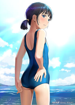  1girl adjusting_clothes adjusting_swimsuit ass black_hair blue_eyes blue_one-piece_swimsuit blue_sky blush cloud commentary_request cowboy_shot day flat_chest from_behind hiyori_mizuki horizon loli looking_at_viewer looking_back one-piece_swimsuit original outdoors parted_lips school_swimsuit short_hair short_twintails sky solo swimsuit twintails water  rating:Sensitive score:35 user:danbooru