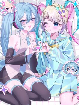  2girls :d ;) artist_collaboration black_hair black_skirt black_thighhighs blonde_hair blue_bow blue_eyes blue_hair blue_serafuku blue_shirt blue_skirt bow chouzetsusaikawa_tenshi-chan collared_shirt commentary_request crossover detached_sleeves gradient_hair grey_shirt hair_bow hatsune_miku headset heart heart_hands heart_hands_duo highres long_hair multicolored_hair multiple_girls multiple_hair_bows needy_girl_overdose one_eye_closed open_mouth pink_bow pink_hair purple_bow purple_hair quad_tails school_uniform serafuku shirt skirt sleeveless sleeveless_shirt smile thighhighs twintails very_long_hair vocaloid yumo_x_x 