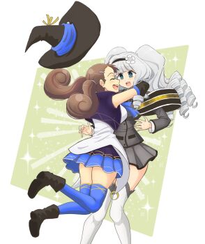  2girls :d ^_^ aimu_(senran_kagura) armor black_boots black_sleeves black_trim blue_skirt blue_thighhighs blue_trim blue_vest blunt_bangs blush boots breasts brown_hair closed_eyes curled_ends curly_hair detached_sleeves dress drill_hair drill_sidelocks floating_hat flower ginrei_(senran_kagura) glomp green_background grey_hair grey_shirt grey_skirt hair_flower hair_ornament hairband hairclip hat highres hug large_breasts large_hat long_hair long_sleeves looking_at_another low_twintails miniskirt multiple_drills multiple_girls o-ring open_mouth pauldrons pleated_skirt school_uniform senran_kagura senran_kagura_new_wave shirt shoulder_armor sidelocks skirt smile star_(sky) star_(symbol) star_symbol_background starry_sky_background surprised teeth thighhighs tongue twintails two-tone_background unworn_hat unworn_headwear upper_teeth_only vest white_background white_dress white_flower white_thighhighs witch_hat yellow_trim yui_(jisatsu) 
