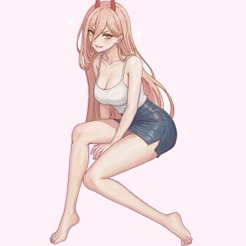  1girl alternate_breast_size_(larger) armpit_crease bare_legs bare_shoulders barefoot black_skirt blush breasts chainsaw_man cleavage collarbone commentary demon_horns feet full_body hair_between_eyes heyy_vivii high-waist_skirt highres horns invisible_chair large_breasts legs long_hair looking_at_viewer miniskirt parted_lips pink_background pink_hair power_(chainsaw_man) red_horns simple_background sitting skirt solo symbol-shaped_pupils tank_top thighs toenails toes v-shaped_eyebrows very_long_hair white_tank_top yellow_eyes 