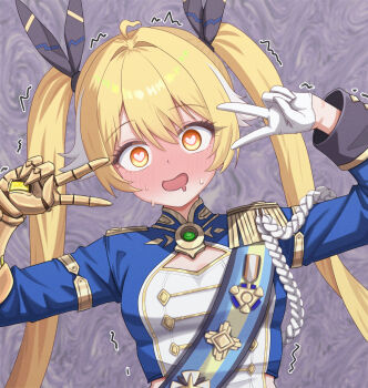  1girl absurdres ahoge arms_up blonde_hair blue_shirt blush breasts chaos_zero_nightmare cleavage_cutout clothing_cutout commentary_request crop_top double_v epaulettes gauntlets gloves gold_trim hair_ribbon heart heart-shaped_pupils highres konnzyou long_hair long_sleeves looking_at_viewer nose_blush open_mouth orange_eyes ribbon shirt single_epaulette single_gauntlet single_glove small_breasts smile solo sweat symbol-shaped_pupils tiphera_(chaos_zero_nightmare) trembling twintails upper_body v very_long_hair white_gloves 
