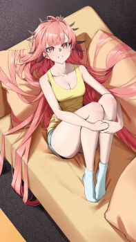  1girl :d absurdly_long_hair absurdres ankle_socks arknights bare_arms bare_shoulders breasts chinese_commentary cleavage commentary_request couch da_bantian erato_(arknights) from_above full_body grin highres hugging_own_legs long_hair looking_at_viewer medium_breasts mole mole_on_arm mole_under_each_eye mole_under_eye multiple_moles on_couch open_mouth pillow pink_eyes pink_hair sitting sleeveless slit_pupils smile socks solo tank_top very_long_hair white_socks white_tank_top 