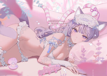  1girl animal_ear_fluff animal_ears arm_garter arm_ribbon bare_shoulders blunt_bangs blush bra breasts bridal_gauntlets cat_ears cat_girl cat_tail choker cleavage collarbone commentary eye_mask fingernails frilled_bra frilled_choker frilled_panties frilled_thigh_strap frills highres long_fingernails looking_at_viewer lying mask mask_on_head messy_hair micro_panties middle_ring miyako_(xxxbibit) mole mole_under_eye mole_under_mouth nail_art navel on_side original panties pink_lips pink_nails purple_eyes purple_hair ribbon sleep_mask solo tail thigh_strap underwear untranslatable_commentary white_bra white_bridal_gauntlets white_choker 