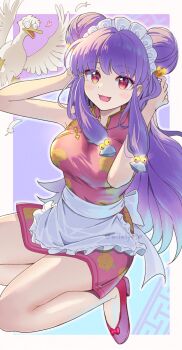  1girl alfatyomo apron bell bow chinese_clothes commentary_request double_bun dress feathers floral_print glasses hair_bell hair_bow hair_bun hair_ornament heart highres long_hair looking_at_viewer maid_headdress microdress mousse_(duck)_(ranma_1/2) open_mouth purple_hair ranma_1/2 red_dress shampoo_(ranma_1/2) smile white_apron yellow_bow 