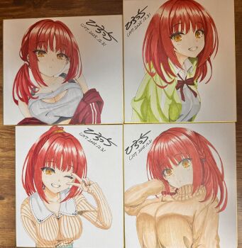  1girl 2025 :d ;d bare_shoulders bow bowtie braid breasts brown_sweater casual cleavage cleavage_cutout clothing_cutout collarbone collared_shirt comiket_107 commentary_request dated eyes_visible_through_hair futamihara_ririko green_jacket grey_sports_bra grin gym_uniform hair_between_eyes hair_intakes hair_ornament hair_scrunchie hand_up highres hirocchi jacket jacket_partially_removed large_breasts light_blush limelight_lemonade_jam looking_at_viewer medium_hair multiple_views one_eye_closed open_clothes open_jacket open_mouth parted_lips photo_(medium) ponytail red_bow red_bowtie red_jacket school_uniform scrunchie shikishi shirt side_braid sidelocks signature simple_background sleeves_past_wrists smile sports_bra straight_hair sweater track_jacket traditional_media turtleneck turtleneck_sweater upper_body v v_over_eye white_background white_shirt yellow_eyes yellow_scrunchie 