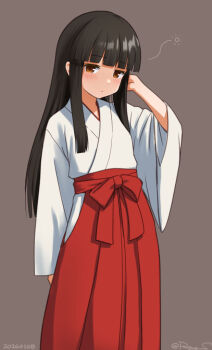  1girl black_hair blunt_bangs blush brown_background brown_eyes commentary_request cowboy_shot dated feet_out_of_frame grey_background hakama hakama_skirt hatsuyuki_(kancolle) hime_cut japanese_clothes jpeg_artifacts kantai_collection kimono long_hair long_sleeves looking_at_viewer miko one-hour_drawing_challenge ray.s red_hakama revision ribbon_trim sidelocks skirt solo squeans standing twitter_username white_kimono wide_sleeves 