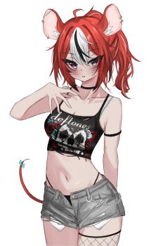  1girl absurdres ahoge akarinnndesu alternate_costume animal_ear_fluff animal_ear_piercing animal_ears arm_behind_back band_shirt black_choker black_hair black_panties black_shirt blue_bow blue_eyes blush bow bra_strap breasts choker commentary cowboy_shot crop_top deftones_(band) denim denim_shorts exposed_pocket fishnet_thighhighs fishnets grey_shorts hair_between_eyes hakos_baelz hand_up highleg highleg_panties highres hololive hololive_english legs_together looking_at_viewer medium_breasts merchandise mouse_ears mouse_girl mouse_tail multicolored_hair navel open_fly open_mouth panties panty_straps ponytail red_eyes red_hair shirt short_shorts shorts simple_background sleeveless sleeveless_shirt smile solo standing streaked_hair studded_choker tail tail_bow tail_ornament thighhighs torn_clothes torn_shirt underwear virtual_youtuber white_background white_hair 