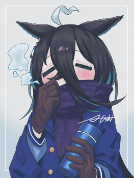  1girl a4_(a4_eishi) absurdres adjusting_scarf ahoge animal_ears black_gloves blue_coat blue_scarf blush breath closed_eyes coat commentary_request ear_ornament ear_tag earrings ears_down gloves hand_up highres holding_thermos horse_ears horse_girl jewelry long_sleeves manhattan_cafe_(umamusume) multicolored_hair purple_shirt scarf school_uniform shirt single_earring snowflake_print solo thermos tracen_school_uniform umamusume white_hair winter_clothes 