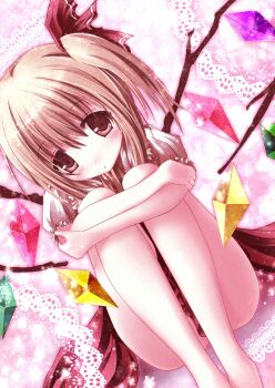  1girl bad_id bad_pixiv_id bare_legs barefoot blonde_hair blush clothes_between_thighs commentary_request crystal_wings dress flandre_scarlet frilled_sleeves frills hair_between_eyes hair_ribbon highres hugging_own_legs looking_at_viewer missile228 no_pants paint.net_(medium) parted_lips pink_background red_dress red_eyes ribbon shirt short_hair side_ponytail sitting solo touhou wings 