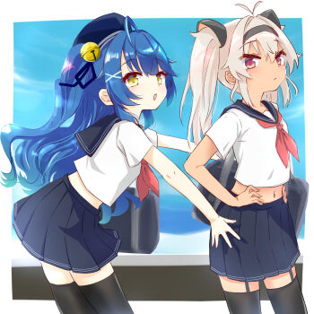  2girls ahoge alternate_costume amamiya_kokoro animal_ears black_garter_straps black_skirt black_thighhighs blue_hair cat_ears closed_mouth commentary_request dark-skinned_female dark_skin fake_animal_ears garter_straps grey_hair hair_ornament hands_on_own_hips highres looking_at_viewer matsukai_mao midriff multiple_girls navel nijisanji purple_eyes school_uniform shirt skirt thighhighs twintails two_side_up virtual_youtuber white_shirt x_hair_ornament yellow_eyes yotuba_mokoh_(benzenex) 