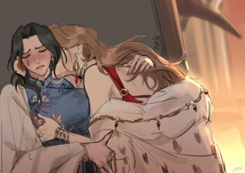  2girls augustus_(path_to_nowhere) black_hair brown_hair china_dress chinese_clothes closed_eyes dress grabbing_another's_breast groping highres jelena_(path_to_nowhere) jewelry multiple_girls official_alternate_costume parted_bangs path_to_nowhere ring snow_weiss_(xsnow_weissx) teardrop upper_body yuri 