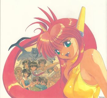  1990s_(style) 3boys 6+girls ahoge aqua_eyes arisa_(all_purpose_cultural_cat_girl_nuku_nuku) bannou_bunka_nekomusume fang hagiwara_yoshimi hair_over_eyes husband_and_wife kyouko_(all_purpose_cultural_cat_girl_nuku_nuku) lab_coat long_hair long_sleeves looking_at_viewer multiple_boys multiple_girls natsume_akiko natsume_kyusaku natsume_ryuunosuke non-web_source open_mouth outstretched_arm parent_and_child pink_hair retro_artstyle robot_ears shirt simple_background sleeveless sleeveless_shirt smile solo_focus very_long_hair white_background yellow_shirt yoshikawa_eimi 