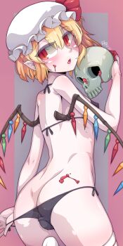  1girl arm_at_side ass bikini black_bikini blonde_hair blood breasts eko._(yzcheneko) eyelashes eyeshadow fang feet_out_of_frame feet_up female_focus flandre_scarlet flat_ass from_behind hand_up hat holding holding_skull loli looking_at_viewer looking_back makeup open_mouth pale_skin pink_background pointy_ears pulling_own_clothes purple_background purple_eyeshadow red_eyes short_hair side-tie_bikini_bottom sideways_glance simple_background skin_fang skull small_breasts solo surprised swimsuit thighhighs touhou turning_head twisted_torso two-tone_background vampire variant_set white_hat white_thighhighs wings  rating:Questionable score:9 user:Only_Kemonomimi
