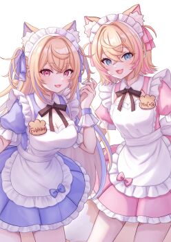  2girls animal_ears apron back_bow black_ribbon blonde_hair blue_bow blue_dress blue_eyes blue_nails blue_ribbon blue_streaks blue_wrist_cuffs bow breasts cleavage collared_dress commentary_request cowboy_shot crossed_bangs dog_ears dog_girl dog_tail dress fang frilled_apron frilled_cuffs frilled_skirt frills fuwawa_abyssgard hair_between_eyes hair_intakes hair_ribbon hand_up highres hololive hololive_english long_hair looking_at_viewer maid_apron maid_headdress medium_breasts mococo_abyssgard multicolored_hair multiple_girls nail_polish name_tag neck_ribbon open_mouth pink_bow pink_dress pink_eyes pink_ribbon pink_streaks puffy_short_sleeves puffy_sleeves ribbon sakuraume short_hair short_sleeves siblings sisters skin_fang skirt smile streaked_hair tail two_side_up white_bow white_headdress wrist_cuffs 