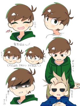  2boys :d ^_^ anger_vein angry animification black_eyes blue_hoodie blush brown_hair brown_pants closed_eyes commentary_request drawstring edd_(eddsworld) eddsworld green_eyes green_hoodie headpat highres hollow_eyes hood hood_down hoodie jitome lap_pillow long_sleeves looking_at_viewer looking_back male_focus multiple_boys multiple_expressions multiple_views open_mouth pants roshii_(ionlw0gynh24926) shaded_face shirt short_hair smile spiked_hair sweatdrop swept_bangs tom_(eddsworld) translation_request white_background white_shirt yaoi 