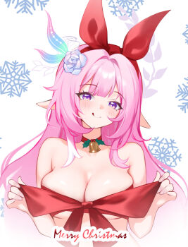  1girl :q absurdres bell closed_mouth commentary cyrene_(honkai:_star_rail) cyrene_(ripples_of_past_reverie)_(honkai:_star_rail) diamond-shaped_pupils diamond_(shape) english_commentary flower hair_flower hair_ornament hair_ribbon highres honkai:_star_rail honkai_(series) lilpalette long_hair looking_at_viewer merry_christmas neck_bell pink_hair pointy_ears purple_eyes purple_flower purple_rose red_ribbon ribbon ribbon_as_bra rose sidelocks smile solo symbol-shaped_pupils tongue tongue_out ych_commission  rating:Questionable score:5 user:danbooru