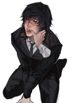  2boys black_hair black_jacket black_pants black_socks black_suit blush charluiu death_note dress_shirt fang finger_in_another's_mouth formal_clothes glasses grey_necktie hands_between_legs highres implied_yaoi jacket kneeling looking_up male_focus medium_hair mikami_teru multiple_boys necktie open_mouth pants saliva shirt socks spread_legs suit suit_jacket teeth tongue tongue_out upper_teeth_only white_shirt  rating:Sensitive score:2 user:Menace5