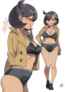  1girl :d ^_^ adapted_costume bikini black_bikini black_gloves black_hair black_shoes brown_coat closed_eyes coat commentary_request emma_(pokemon) gloves looking_at_viewer multiple_views nintendo open_clothes open_coat open_mouth pokemon pokemon_legends:_z-a purple_eyes sasanon_(sasapoliton) shoes short_hair smile swimsuit tan thighs translation_request 