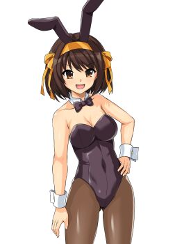  1girl absurdres animal_ear_hairband animal_ears bow bowtie breasts commentary_request detached_collar fake_animal_ears hairband hand_on_own_hip haruhisky highres leotard orange_hairband pantyhose playboy_bunny rabbit_ear_hairband rabbit_ears simple_background solo strapless strapless_leotard suzumiya_haruhi suzumiya_haruhi_no_yuuutsu white_background wrist_cuffs 