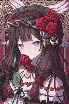  1girl absurdres alternate_costume bare_shoulders black_gloves black_hair black_hairband columbina_(genshin_impact) commentary flower frilled_hairband frills genshin_impact gloves h_ae_rang hair_flower hair_ornament hairband hand_up highres holding holding_flower long_hair long_sidelocks looking_at_viewer multicolored_hair off_shoulder parted_lips purple_eyes purple_hair red_flower sidelocks solo untranslatable_commentary unusually_open_eyes upper_body very_long_hair 