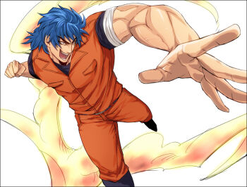  1boy belt biceps black_eyes black_shoes blue_hair breast_pocket clenched_hand commentary_request grin incoming_attack incoming_punch jumpsuit medium_hair muscular muscular_male namari_(kashin1215) open_hand open_mouth orange_jumpsuit pocket punching scar scar_on_face shoes short_sleeves smile smoke solo teeth toriko toriko_(series) v-shaped_eyebrows veins white_background 