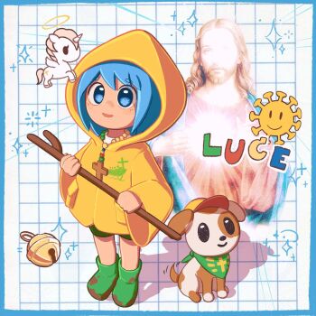  1boy 1girl baby_animal bead_necklace beads boots cane character_name cross cross_necklace dirty_footwear dog green_boots halo highres holding holding_cane jesus jewelry jubilee_2025 luce_(jubilee_2025) necklace puppy raincoat rubber_boots santino_(jubilee_2025) solo_focus sunnkyazawa the_bible white_background winged_unicorn yellow_raincoat 