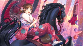  1girl :d absurdres blue_eyes blue_kimono blue_sandals brown_hair chinese_zodiac commentary_request floral_print fur_collar gradient_clothes gradient_kimono highres holding holding_umbrella horseback_riding japanese_clothes kimono long_sleeves obi oil-paper_umbrella open_mouth original petals print_kimono red_kimono red_umbrella riding sandals sash shijohane sidesaddle smile socks solo tabi umbrella white_socks wide_sleeves year_of_the_horse zouri 