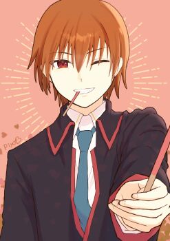  1boy ;d black_jacket blue_necktie brown_eyes brown_hair collared_shirt commentary_request emphasis_lines eyes_visible_through_hair food food_in_mouth grin hair_between_eyes heart highres holding holding_food holding_pocky jacket little_busters! little_busters!_school_uniform long_sleeves looking_at_viewer male_focus natsume_kyousuke necktie one_eye_closed open_mouth pink_background piyo_(kinkooo333) pocky pocky_in_mouth reaching reaching_towards_viewer school_uniform shirt short_hair simple_background smile solo straight-on tsurime upper_body white_shirt 