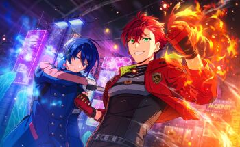  2boys belt black_shirt blue_eyes blue_hair blue_jacket buttons clenched_hand clenched_hands fire gloves green_eyes helios_rising_heroes highres holding jacket jewelry long_sleeves male_focus multiple_boys official_art open_clothes open_jacket otori_akira red_hair ren_kisaragi shirt smile teeth 