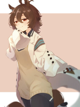  1girl absurdres agnes_tachyon_(tach-nology)_(umamusume) agnes_tachyon_(umamusume) ahoge animal_ears asoko_(user_takc5354) black_necktie black_pantyhose blush brown_hair closed_mouth coat commentary_request cork earrings hair_between_eyes highres horse_ears horse_girl horse_tail jewelry lab_coat long_sleeves medium_hair necktie pantyhose red_eyes shirt short_necktie single_earring sleeves_past_fingers sleeves_past_wrists smile solo sweater sweater_vest tail test_tube umamusume white_coat wolf_cut yellow_sweater yellow_sweater_vest 