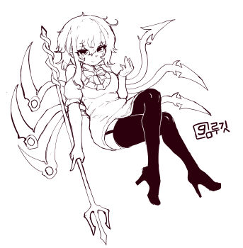  1girl absurdres alternate_costume asymmetrical_wings blush boots bow bowtie closed_mouth clothing_cutout commentary dress full_body garter_straps greyscale highres holding holding_polearm holding_weapon houjuu_nue korean_commentary long_hair looking_at_viewer monochrome polearm rampa93 shoulder_cutout smile solo thigh_boots touhou trident weapon wings 