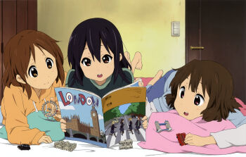  3girls abbey_road alternate_hairstyle anime_coloring arm_rest barefoot black_hair blue_shirt bob_cut book brown_eyes brown_hair buckingham_palace bus door dot_nose double-decker_bus double-parted_bangs feet friends hair_down happy head_on_pillow highres hirasawa_ui holding holding_toy hood hoodie indoors k-on! k-on!_movie layered_sleeves light_switch london_eye long_hair long_sleeves lying magazine_(object) maruki_nobuaki motor_vehicle multiple_girls nakano_azusa newtype official_art on_bed on_stomach open_book orange_hoodie pillow reading red_eyes scan shirt short_hair short_over_long_sleeves short_sleeves side-by-side sleepwear smile suzuki_jun taxi teeth textless_version the_beatles third-party_source tower_bridge_(london) toy toy_car two-handed upper_teeth_only westminster_abbey 